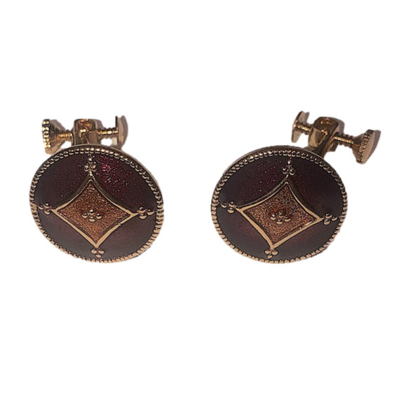 VTG Napier Gold Tone Red Enamel Circle Clip On Earrings .6” x .6” EUC - Picture 1 of 5